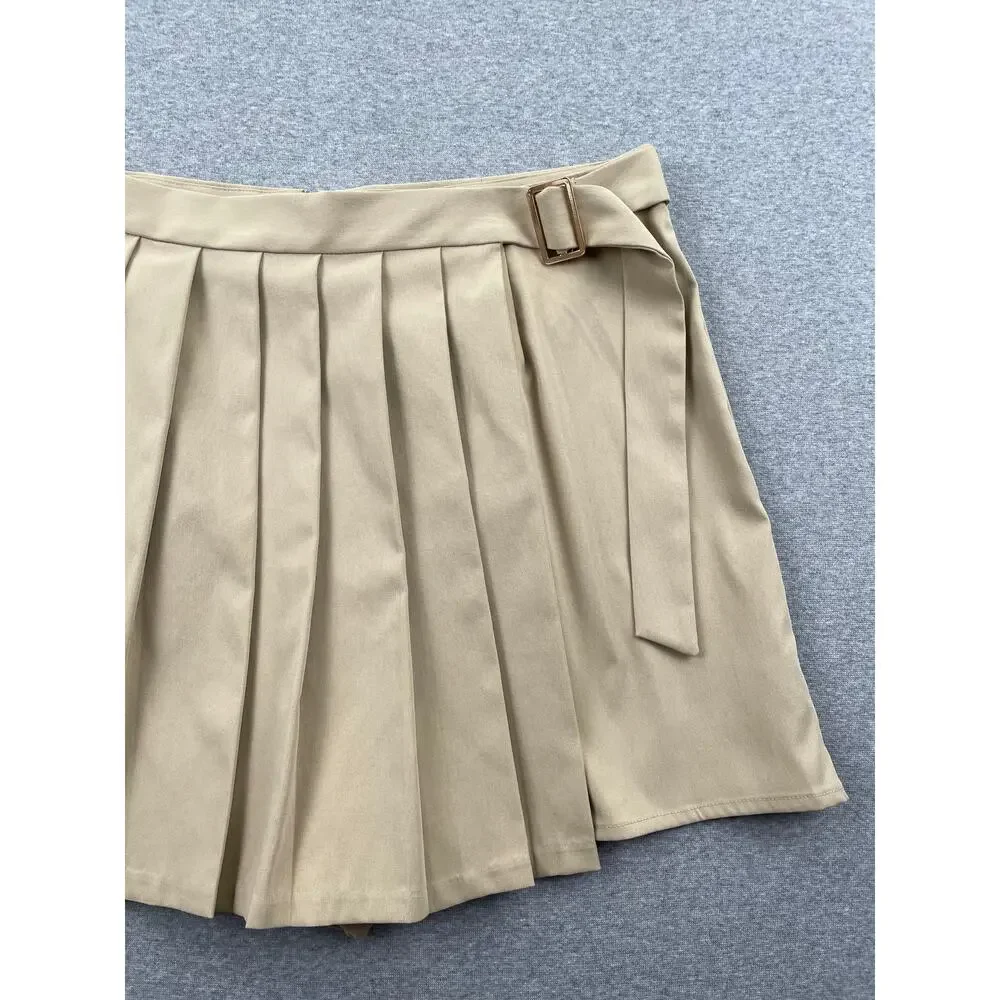 19 Cooper Pleated Skirt Skort XL Khaki Tan Woven Mini Belted Preppy Schoolgirl